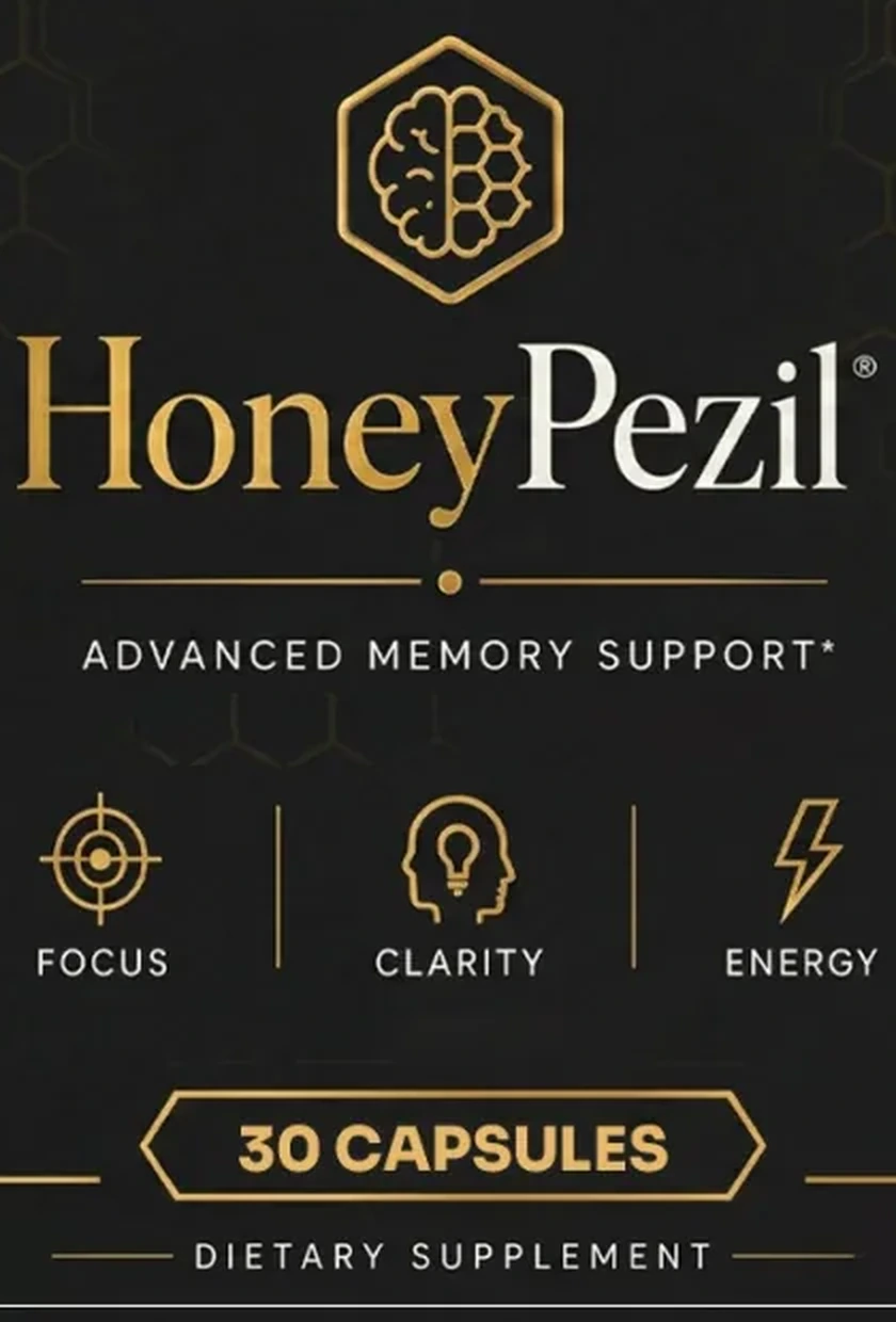 The front of the HoneyPezil bottle label with the name and Advanced Memory Support