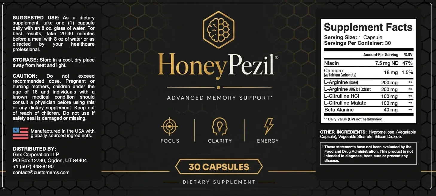 The flat HoneyPezil label: directions, storage, caution and distributor on the left, the logo and front panel in the middle, and the Supplement Facts box on the right